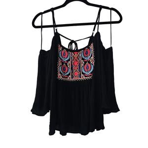 Lily White Embroidered Boho Peplum Top Sz XL Flowy Black Cold Shoulder Tie